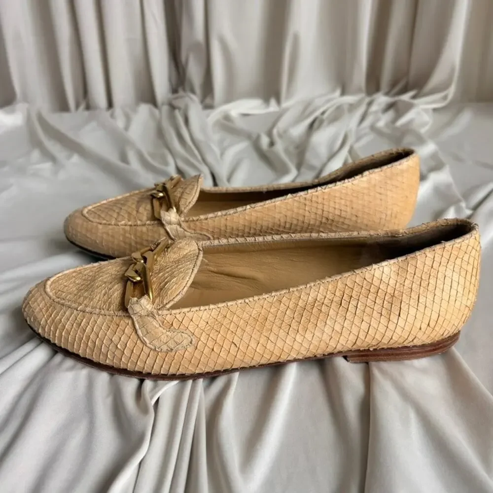 Joan & David Reptile Skin Loafers - Tan Beige, Gold Chain Detail, Size 7.5